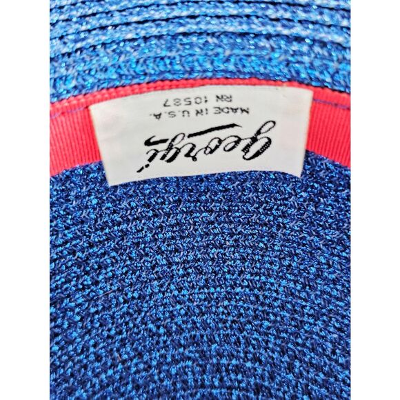Vintage Georgi Sapphire Blue Straw Raffia Wide Brim Bow Accent Boater Derby Hat main image 10